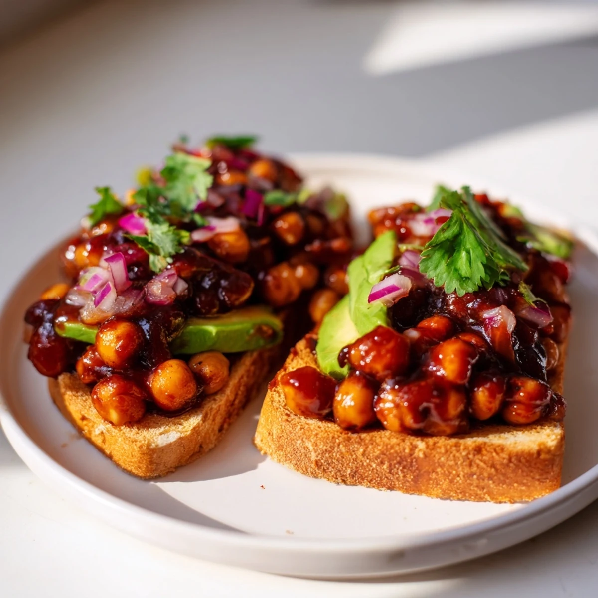 Toasted whole-grain bread topped with vibrant BBQ chickpeas, garnished with fresh cilantro, ready to eat.