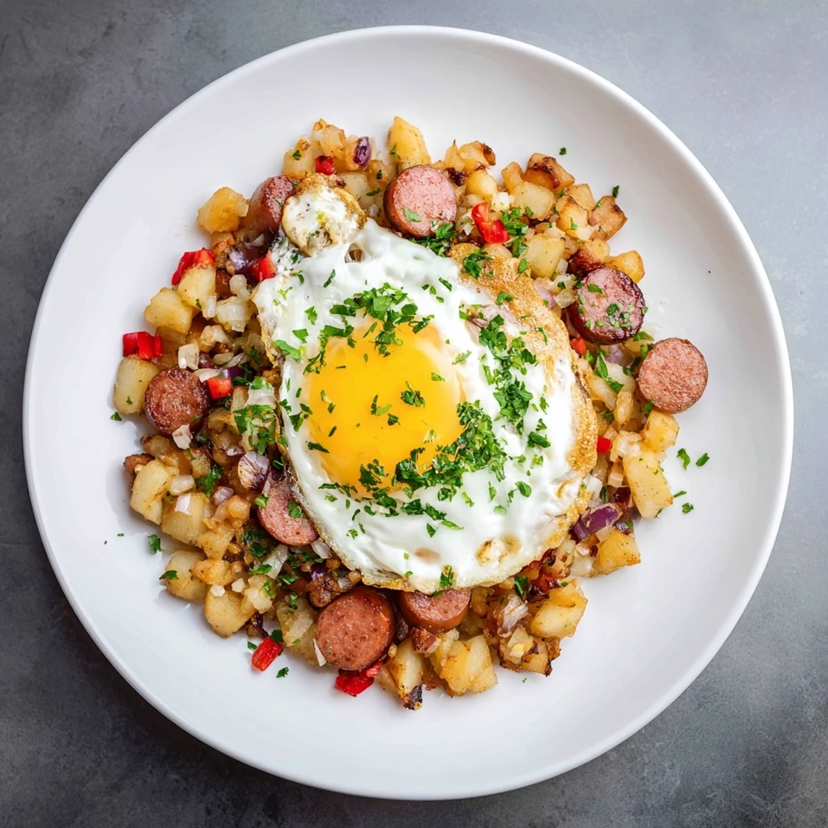Sizzling pan of Egg & Potato Hash with Hot Dogs, featuring a colorful and flavorful breakfast dish.