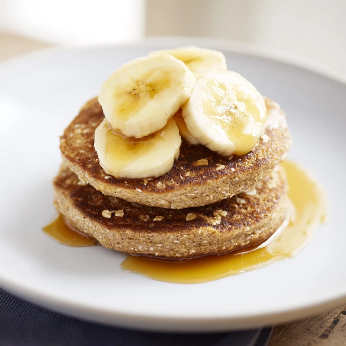 Golden, fluffy banana oat pancakes stacked high, perfect for a hearty, healthy American breakfast.