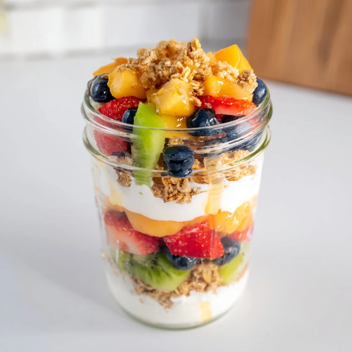A layered yogurt parfait with bright berries, golden granola, and creamy Greek yogurt.