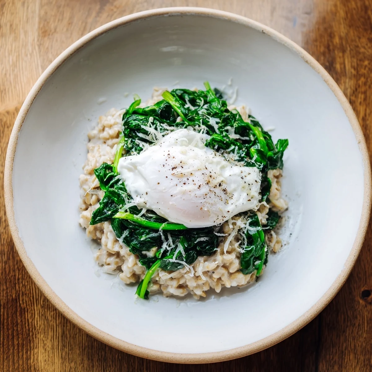 Steaming bowl of savory oatmeal showcasing a perfect poached egg and wilted spinach for a delicious meal.