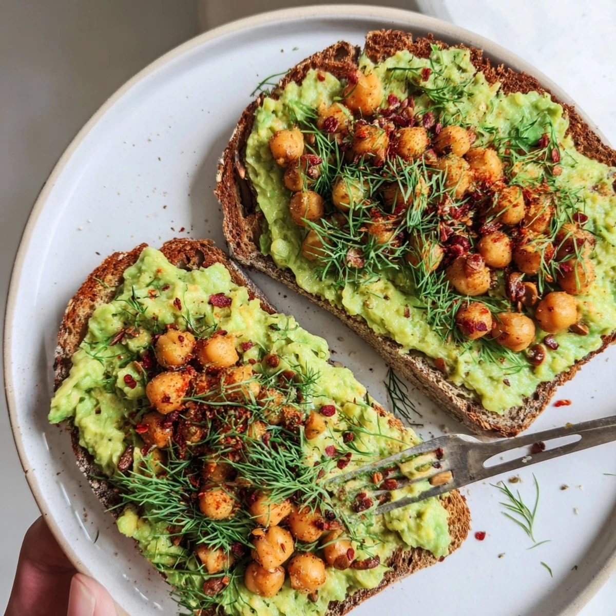 Golden, toasted bread piled high with creamy avocado toast, zesty chickpeas, and vibrant herbs.