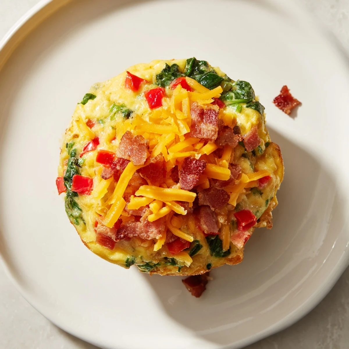 Golden-brown One-Pot Breakfast Casserole Muffins, packed with cheese, veggies, and savory bacon crumbles.