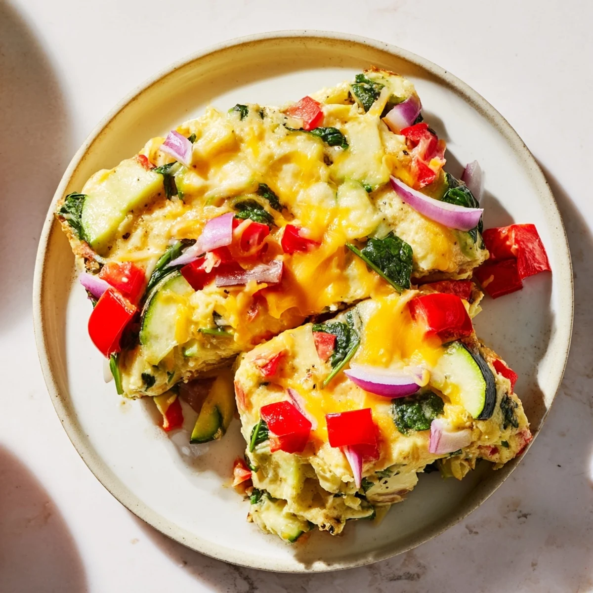 Golden-brown Egg & Veggie Sheet Pan Scramble with colorful roasted vegetables and melted cheese.