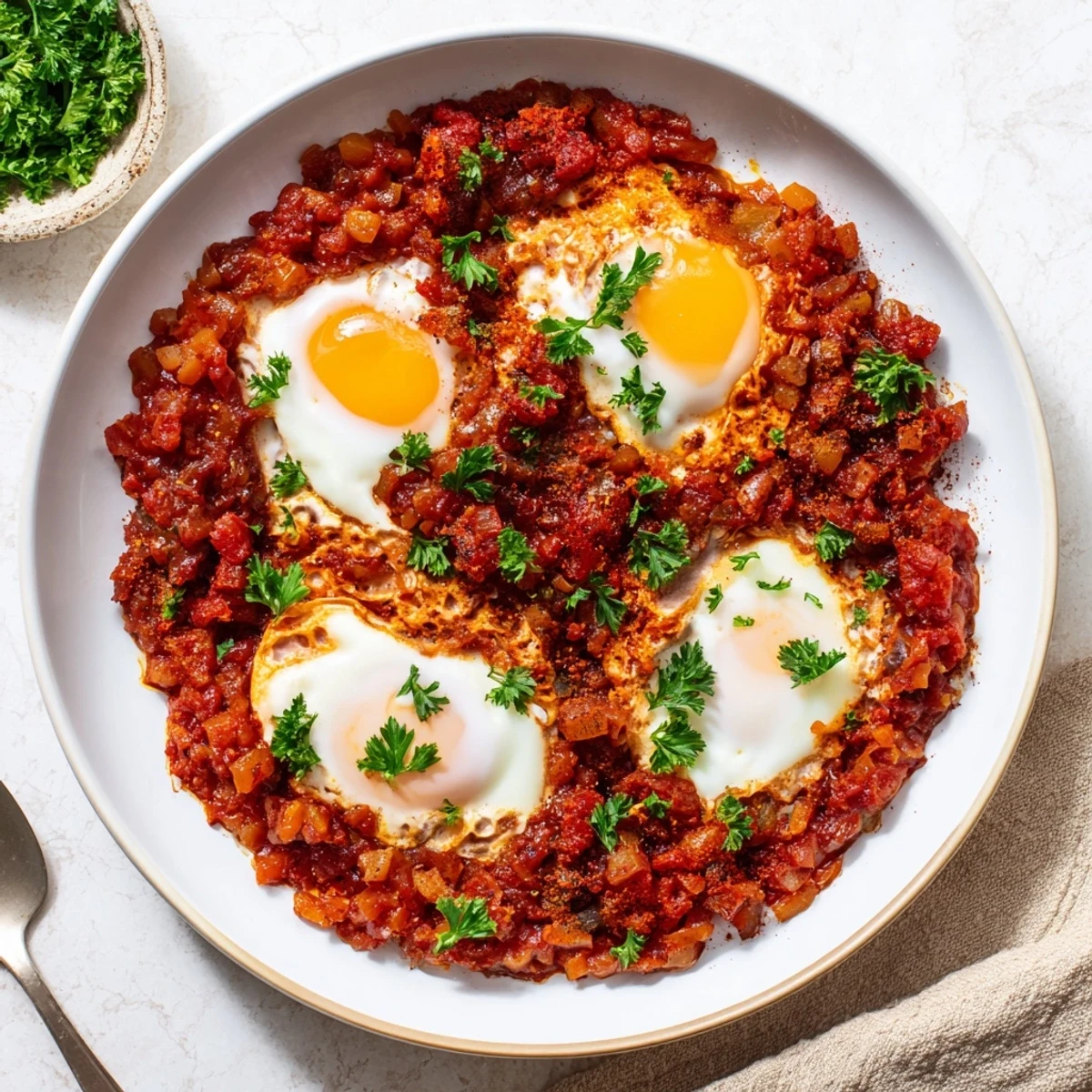 Golden yolks peek from the center of each Savoury Baked Eggs in Tomato Sauce, ready to be scooped up.