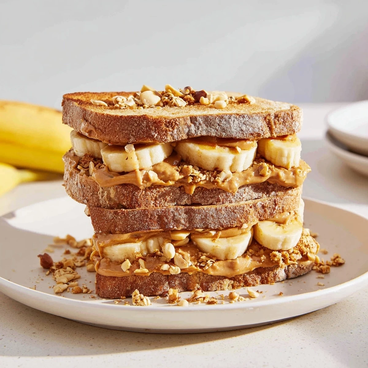 Golden toasted bread layered with peanut butter and sweet bananas in this upgraded peanut butter banana sandwich.