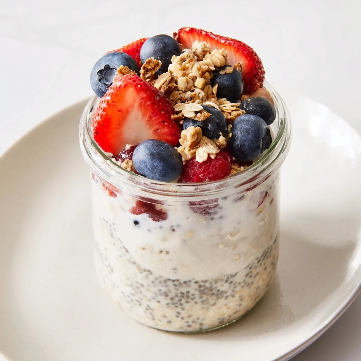 A close-up of colorful Overnight Oats in Jars, ready to eat for a quick breakfast.