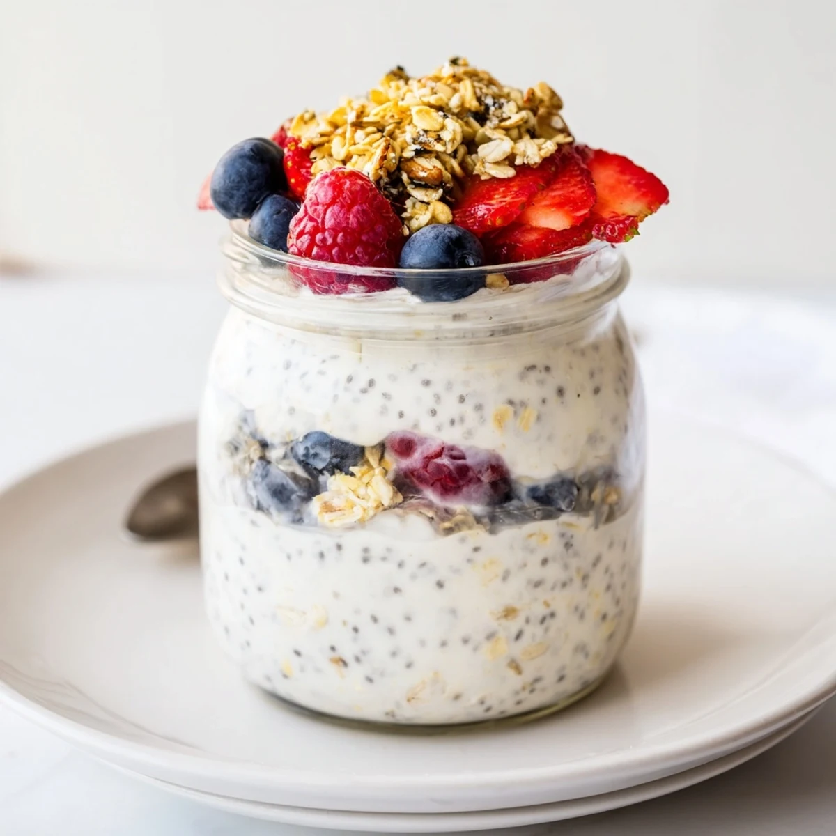 Layered Overnight Oats in Jars, showcasing creamy oats with fresh berries and granola.