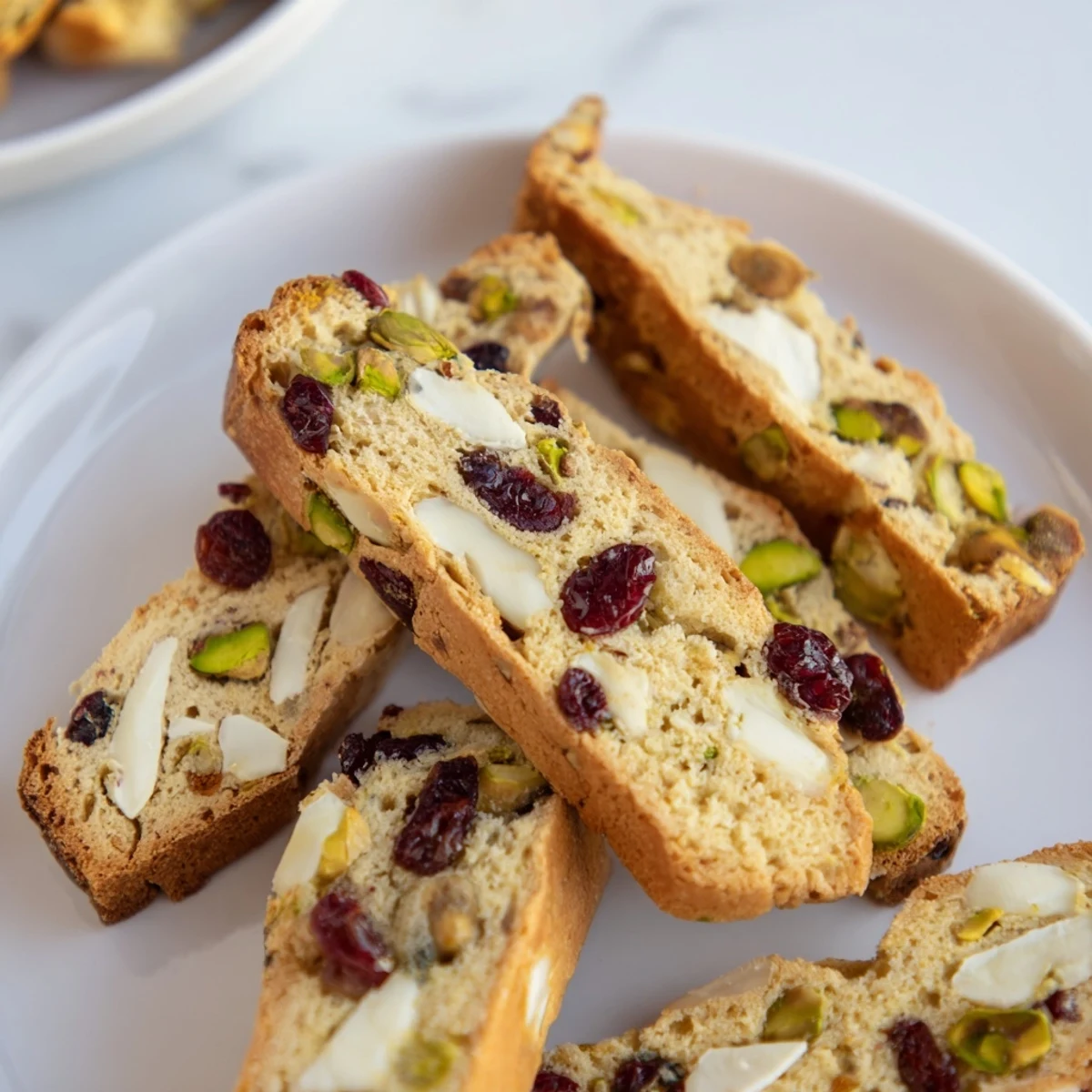 Close-up shot shows irresistible White Chocolate Cranberry Pistachio Biscotti, ready to enjoy with coffee.