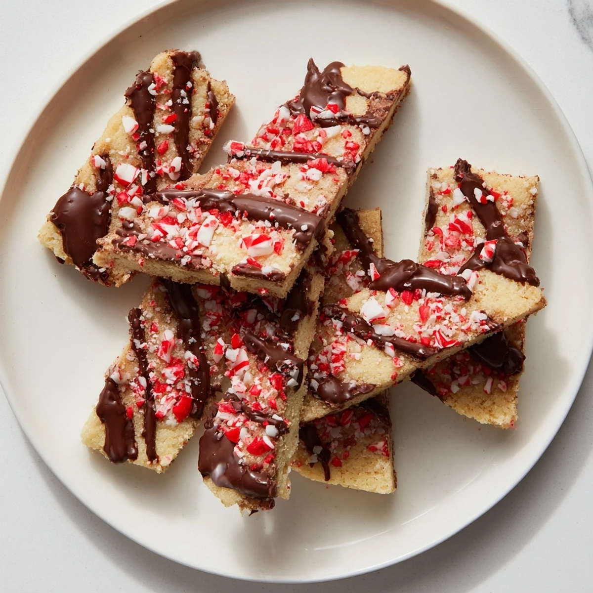 Warm, golden chocolate peppermint shortbread wedges drizzled with melted chocolate and sprinkled with crushed candy canes.