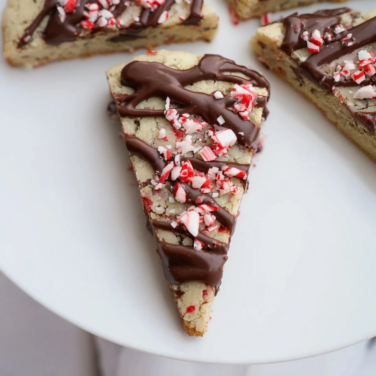 A close-up of delicious chocolate peppermint shortbread, a holiday dessert with a buttery, crumbly texture.