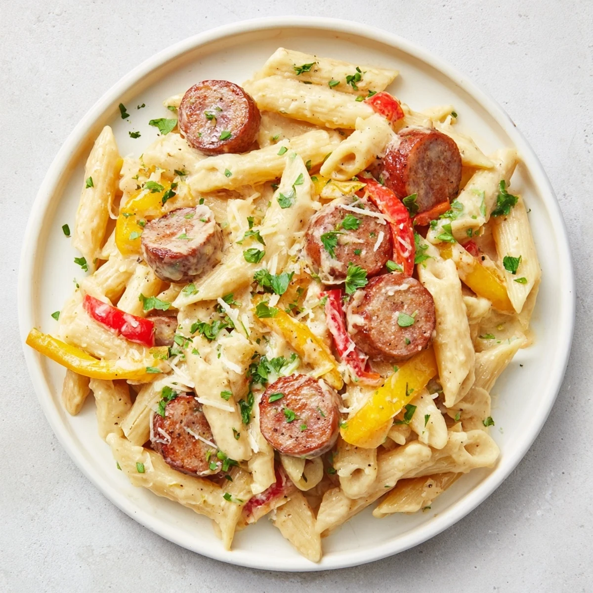 Golden penne pasta with Cajun Spiced Smoked Sausage Alfredo, a flavorful one-pan delight.