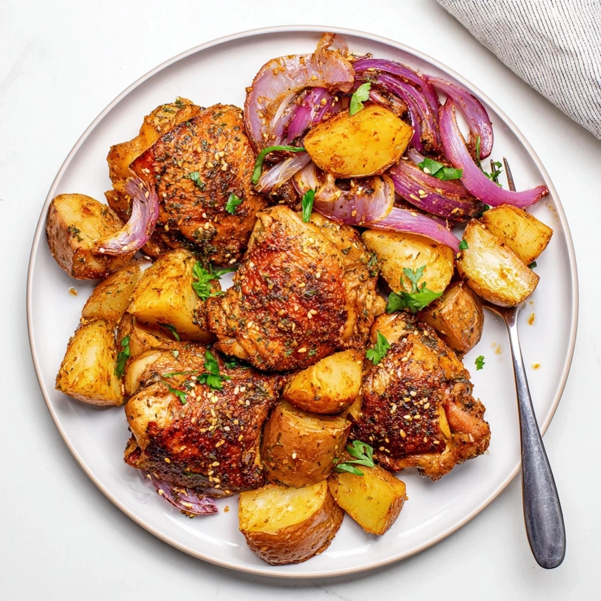 Crispy, golden Pan-Roasted Zaatar Chicken and Potatoes, beautifully served with fresh parsley garnish.