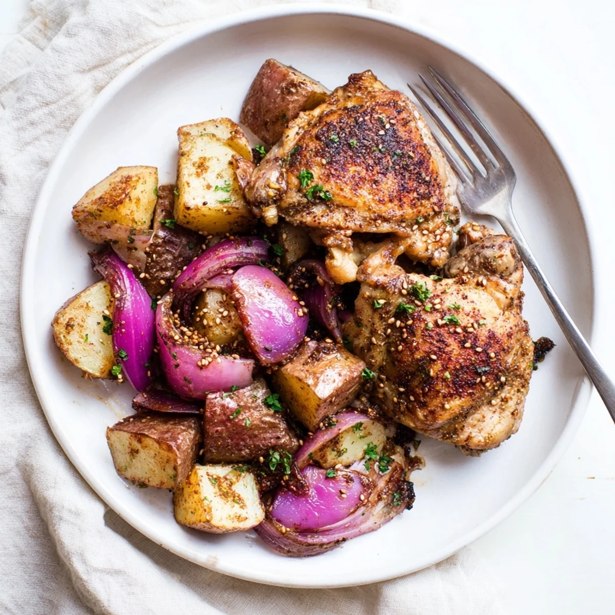 Vibrant plate of Pan-Roasted Zaatar Chicken and Potatoes, with aromatic herbs and perfectly cooked chicken.