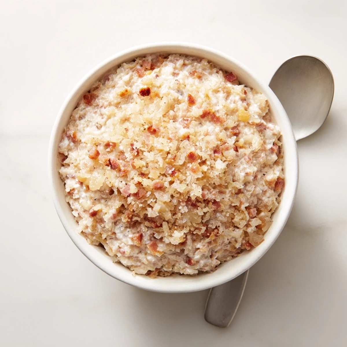 Golden, bubbling Caramelized Onion and Bacon Dip, a perfect party appetizer with crispy bacon.