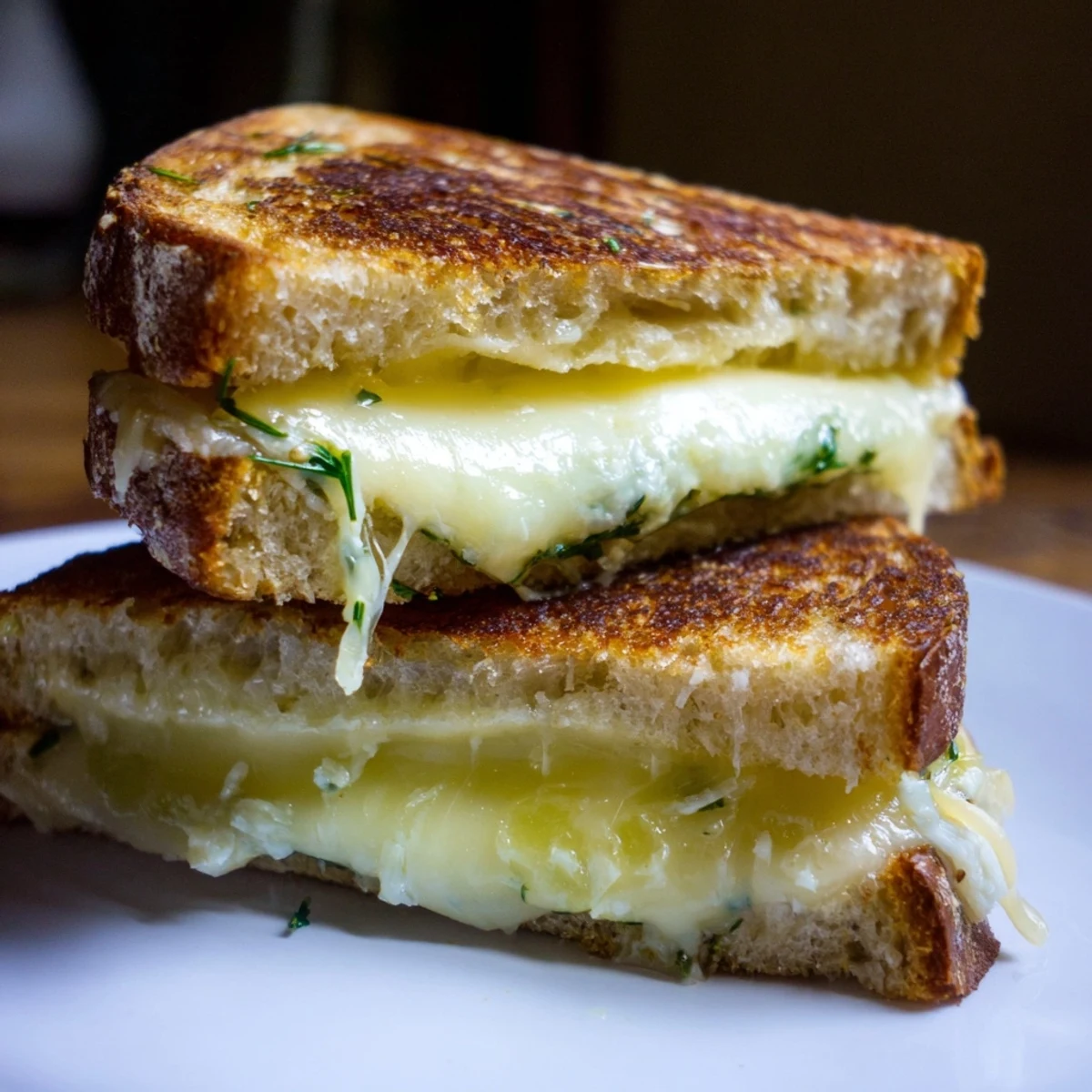 Golden-brown Gooey Pickle Grilled Cheese, oozing melted cheese and crunchy pickles, ready to eat.