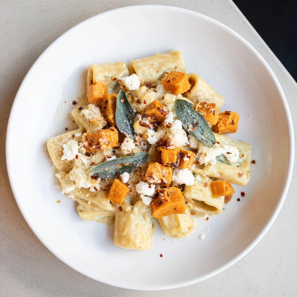 Delectable Viral Sweet Potato Goat Cheese Sage pasta: a satisfying and colorful fall dish.