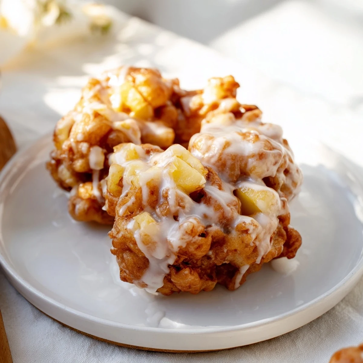 Close-up of freshly made apple fritters, showing tender apple chunks inside their delicious golden crust.