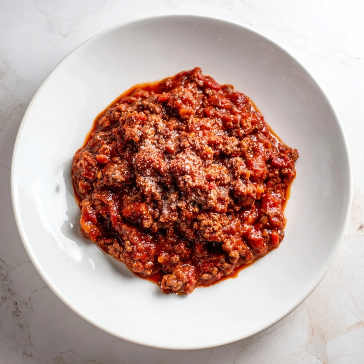 Spoonful of rich Classic Tuscan Ragu, a savory Italian meat sauce, ready to serve with Parmesan.