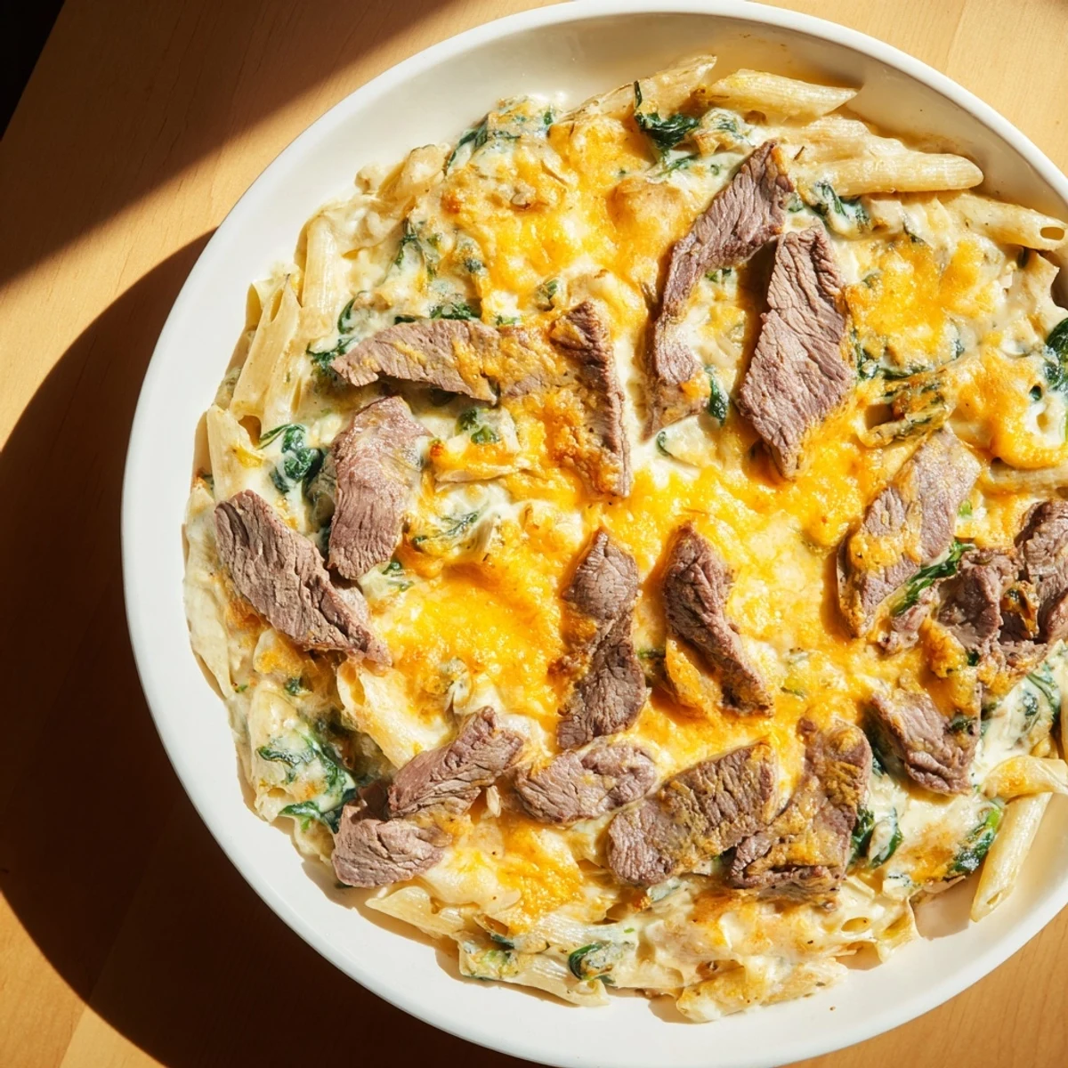 Warm and comforting: A baked Steak & Spinach Artichoke Pasta Bake, fresh from the oven, ready to serve.