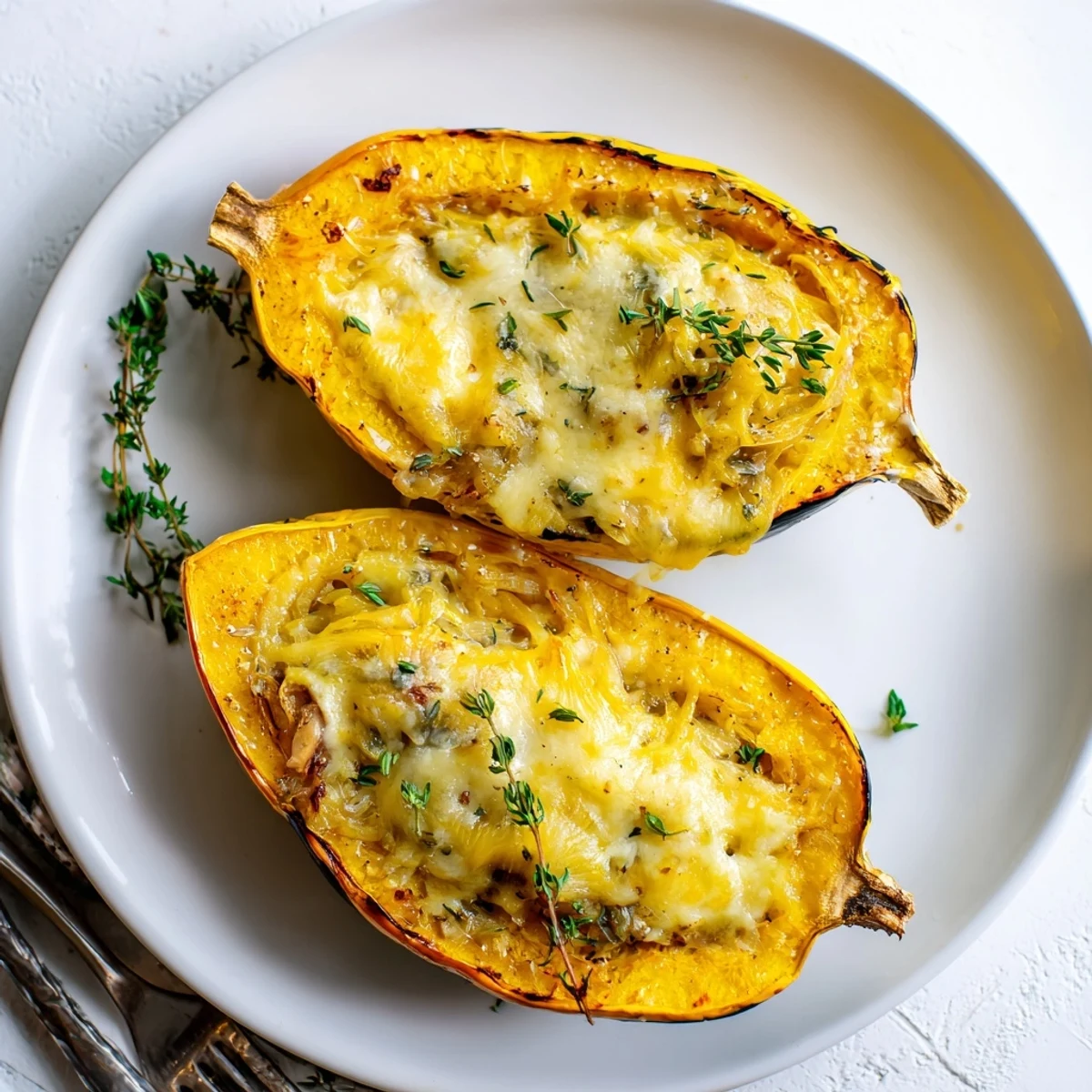 Melty Gruyere tops stuffed, roasted Caramelized Onion Gruyere Squash, ready for a comforting, vegetarian dinner with herbs.