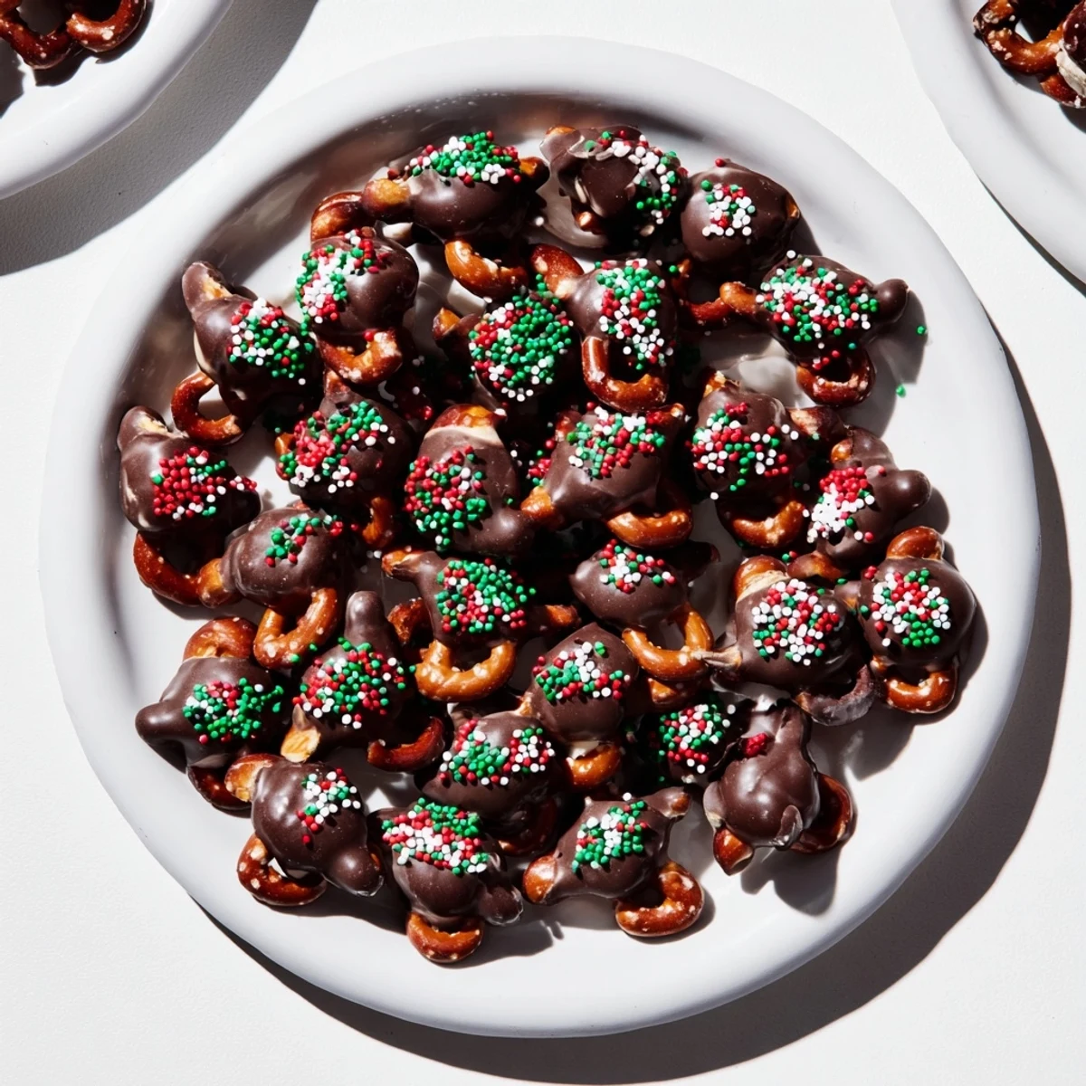 Crisp Air Fryer Christmas Pretzel Bites with melting chocolate ready for holiday sprinkles.