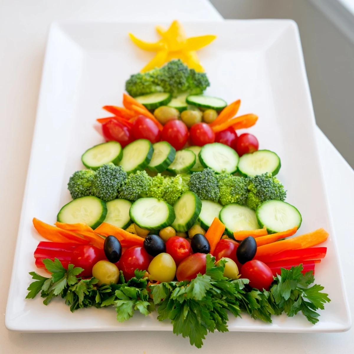 This appetizing Healthy Christmas Veggie Platter Tree showcases a visual delight of colorful, crisp vegetables.