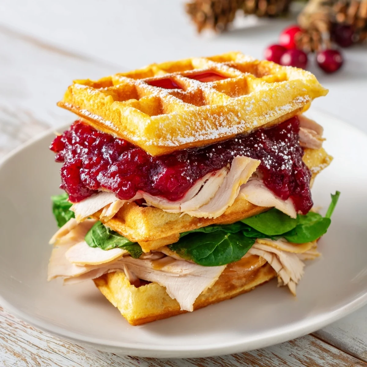 Golden holiday waffle sandwiches layered with turkey, cranberry sauce, and melted cheese, ready to enjoy.