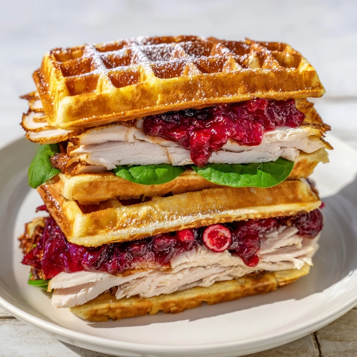 Warm and savory holiday waffle sandwiches, layered with turkey and cheese, ideal for a festive brunch.