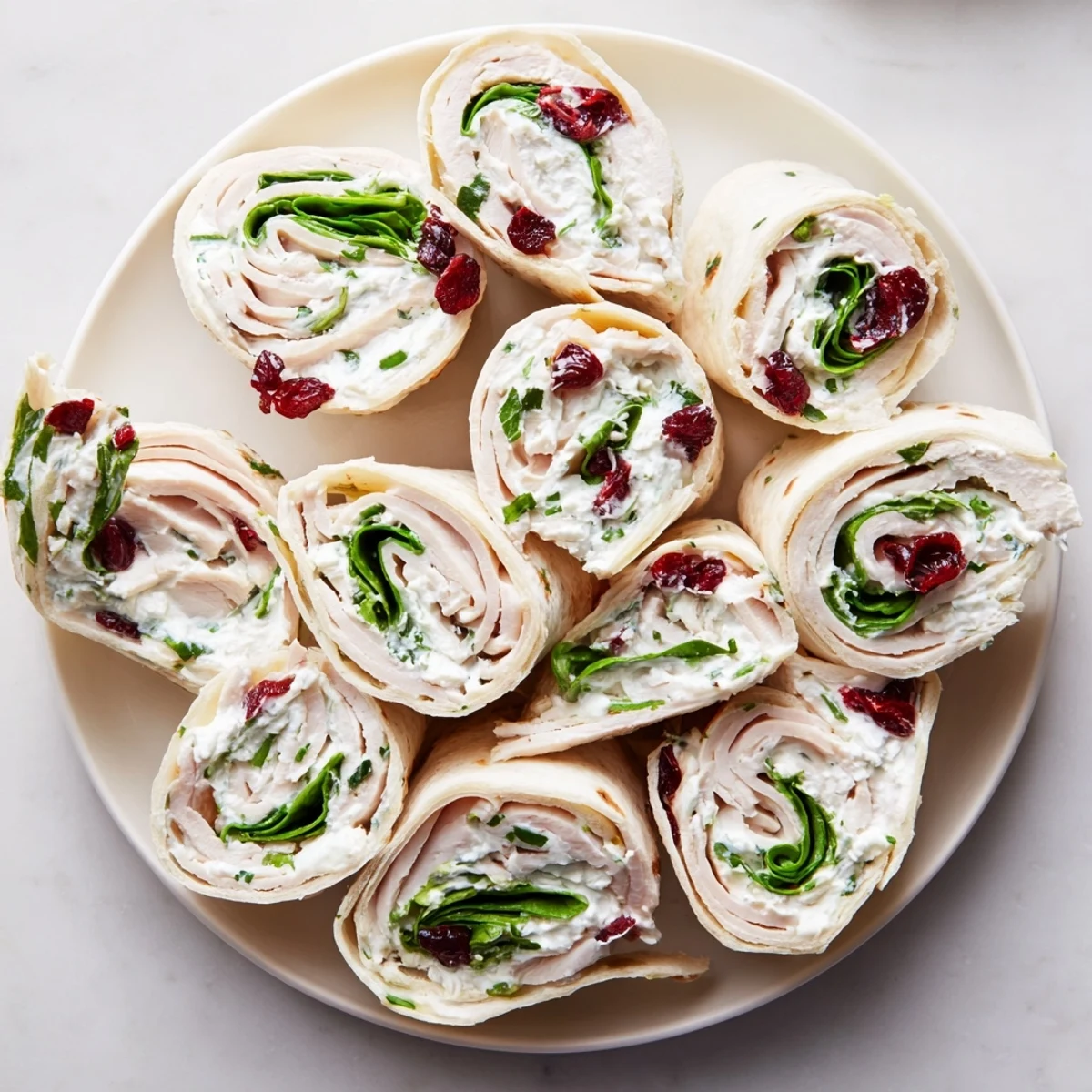 Vivid close-up shows rolled-up Turkey Cranberry Pinwheels, displaying the layers of ingredients beautifully before slicing.