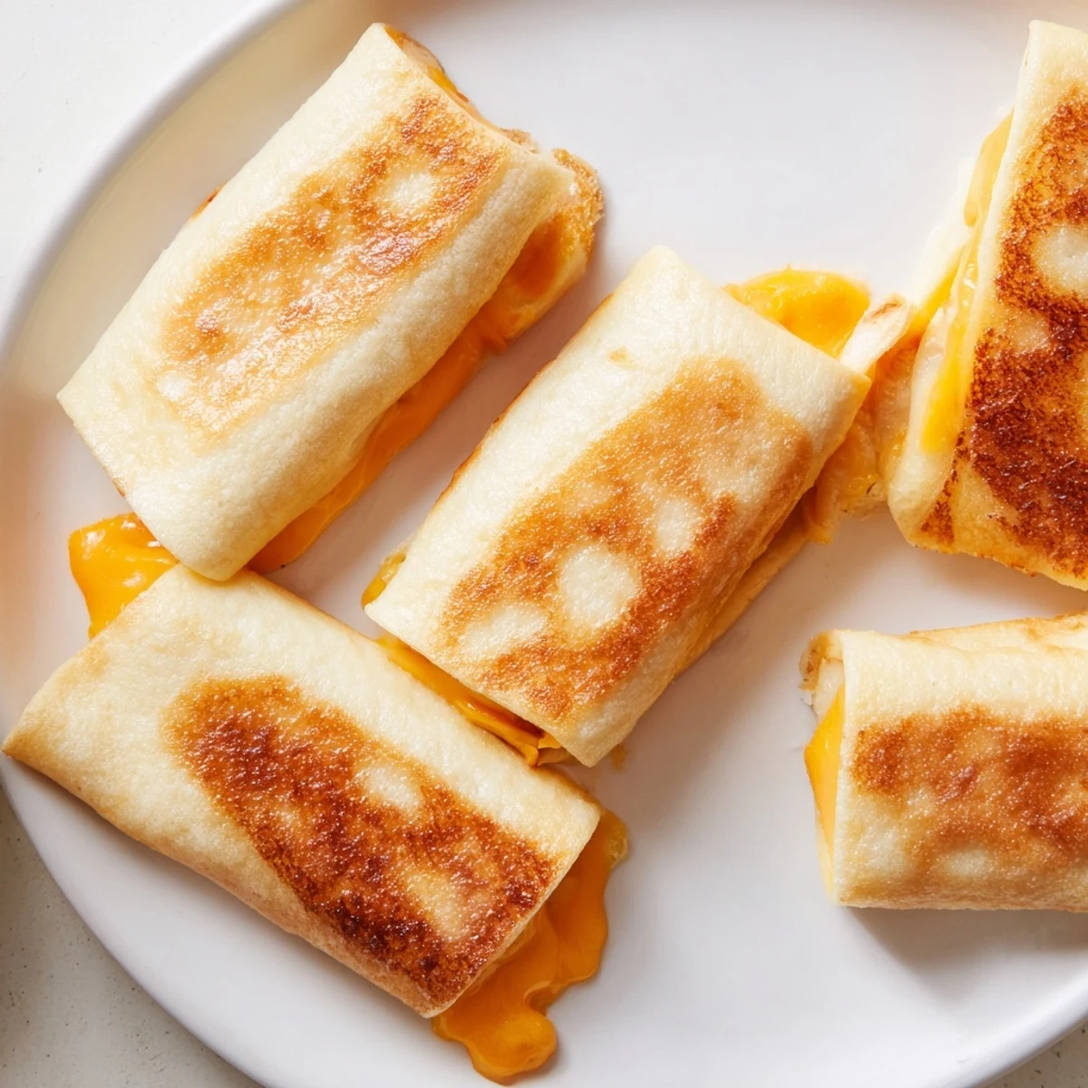 A close-up of melted cheddar in Easy Christmas Grilled Cheese Rollups, a comforting snack for any occasion.