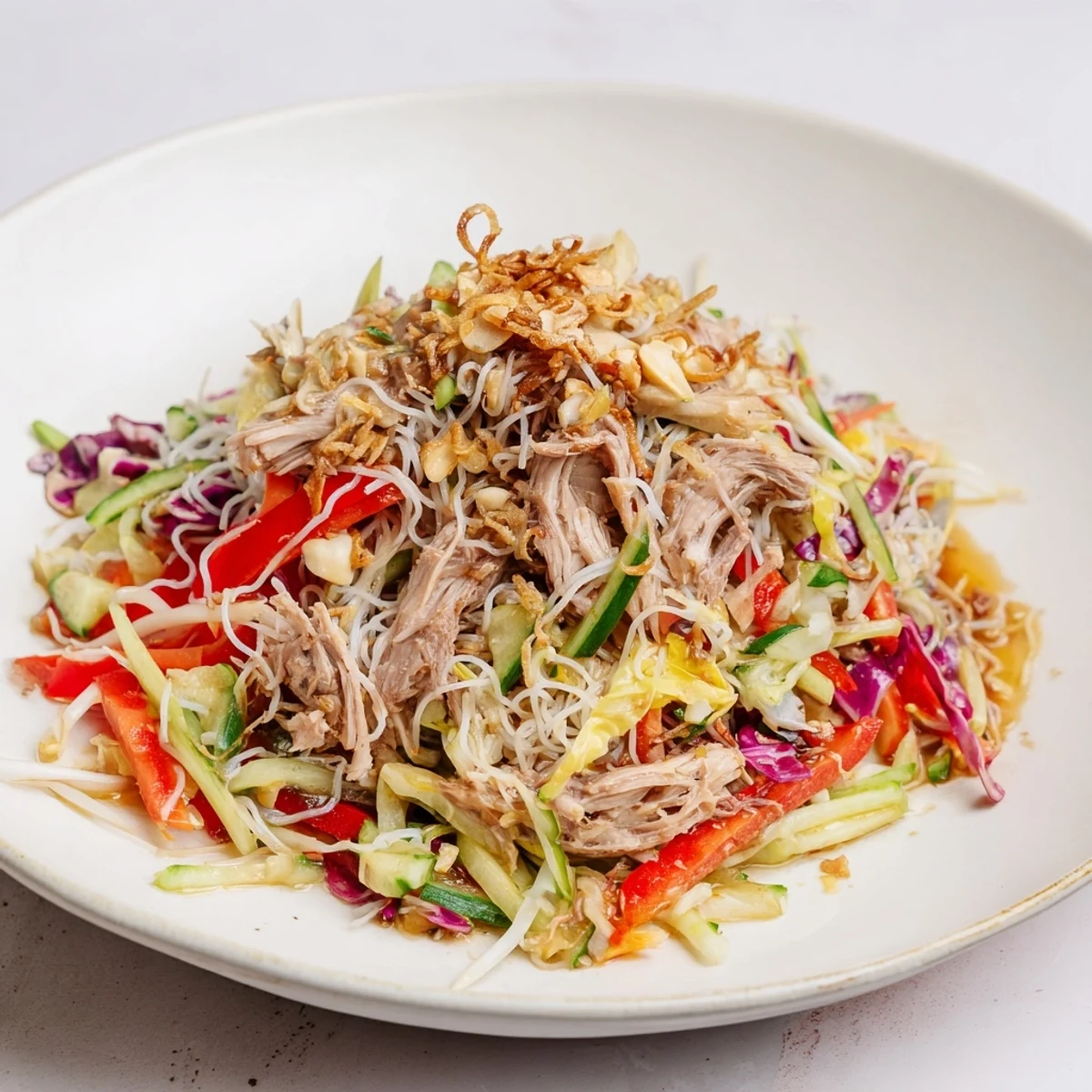 Fresh herbs and peanuts top a flavorful Vietnamese Crunch Noodle Salad with shredded chicken.