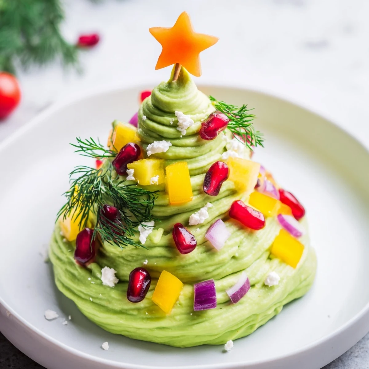 Festive Christmas tree dip, a vibrant arrangement of whipped avocado with fresh herbs and toppings.
