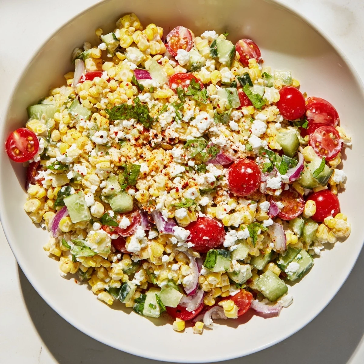 Brightly colored Mexican Street Corn Chopped Salad: charred corn, creamy dressing, and crumbled Cotija cheese.