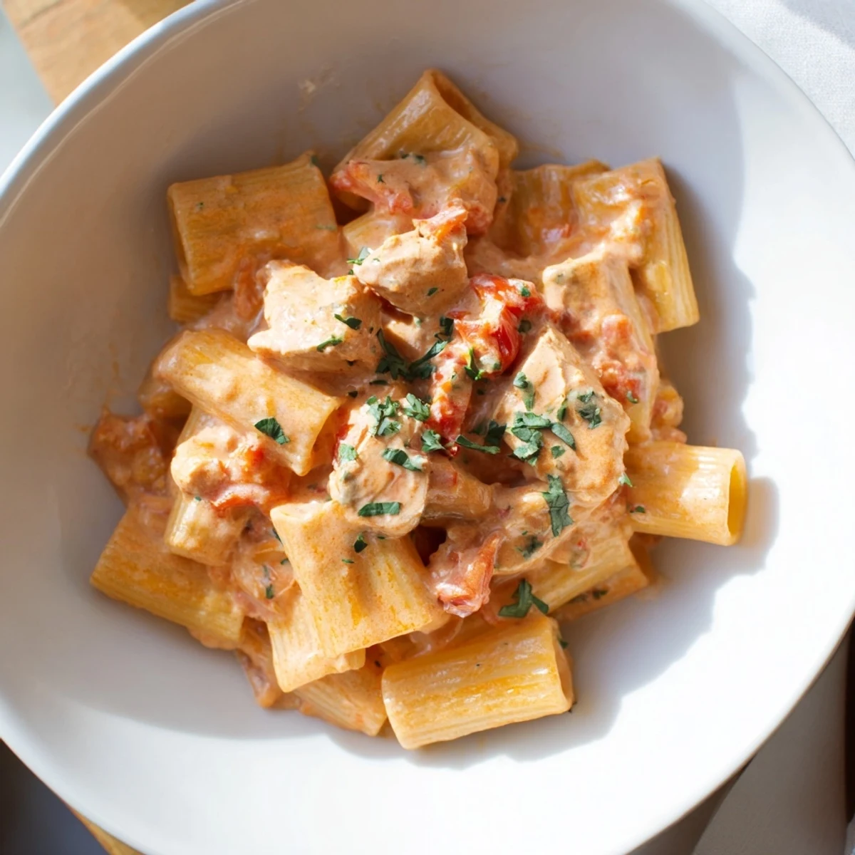 Creamy Chicken Tikka Masala Pasta: A vibrant plate of pasta coated in rich, flavorful sauce with chicken.