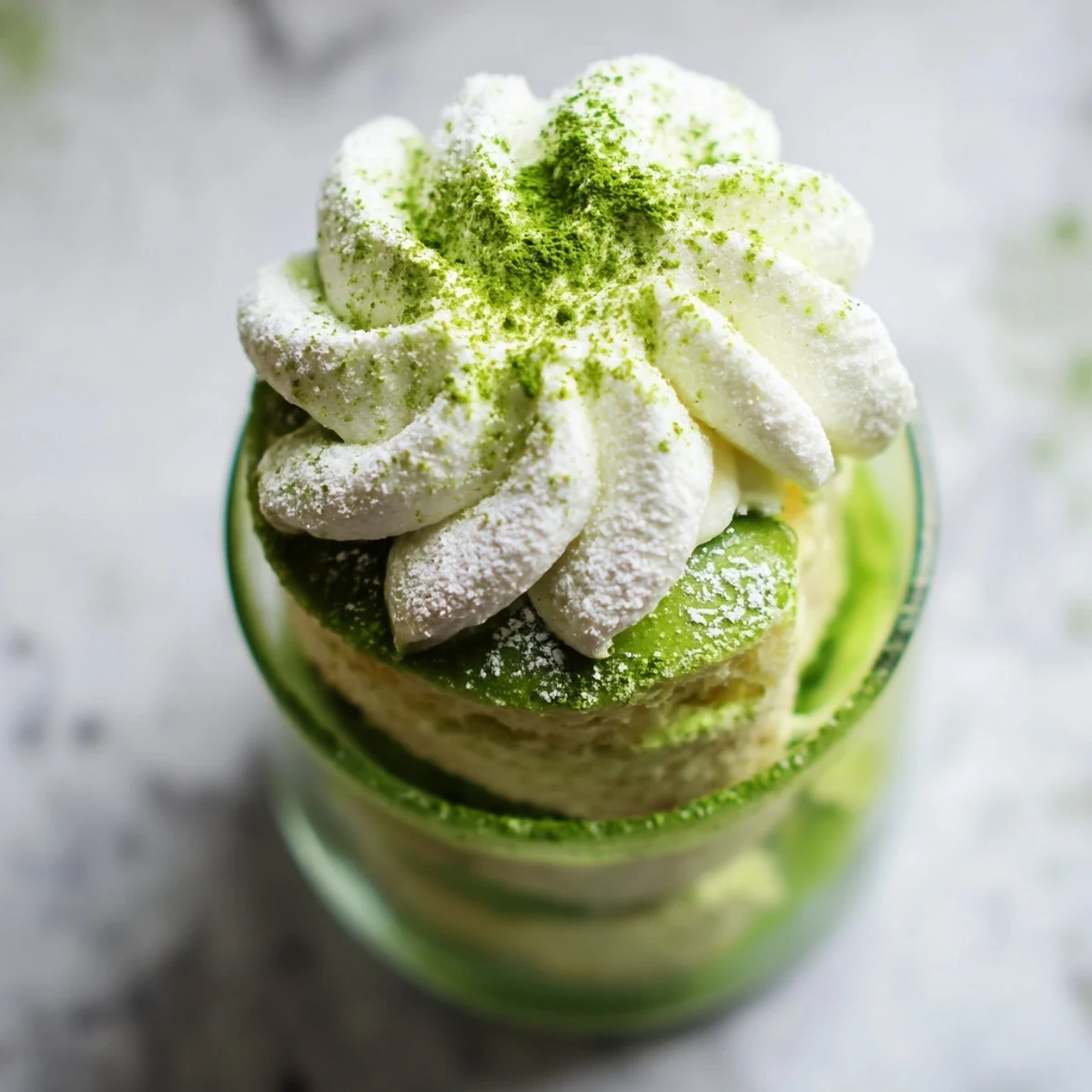 Matcha mascarpone tiramisu snow cups, layered with matcha sponge and creamy mascarpone, dusted with matcha.