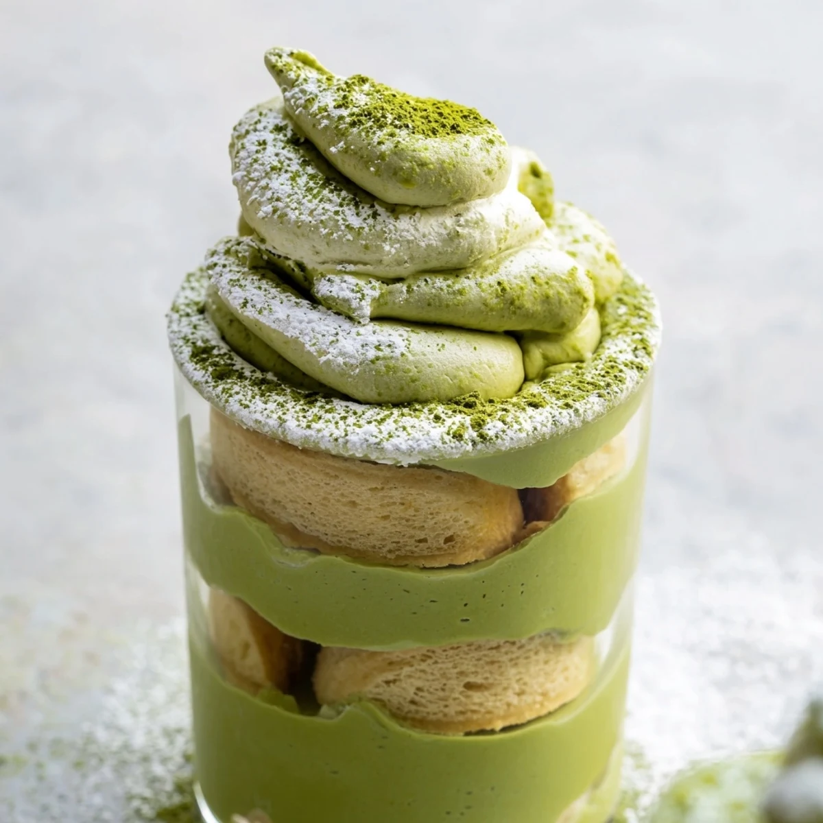 Creamy matcha mascarpone tiramisu snow cups, a delightful dessert with matcha powder snow topping.