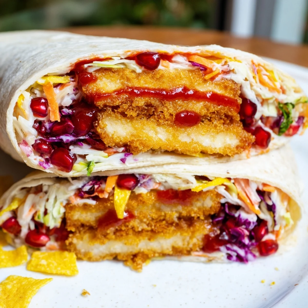 Golden-brown Sweet Chili Tofu Crunch Wrap, bursting with colorful holiday slaw filling and crispy texture.