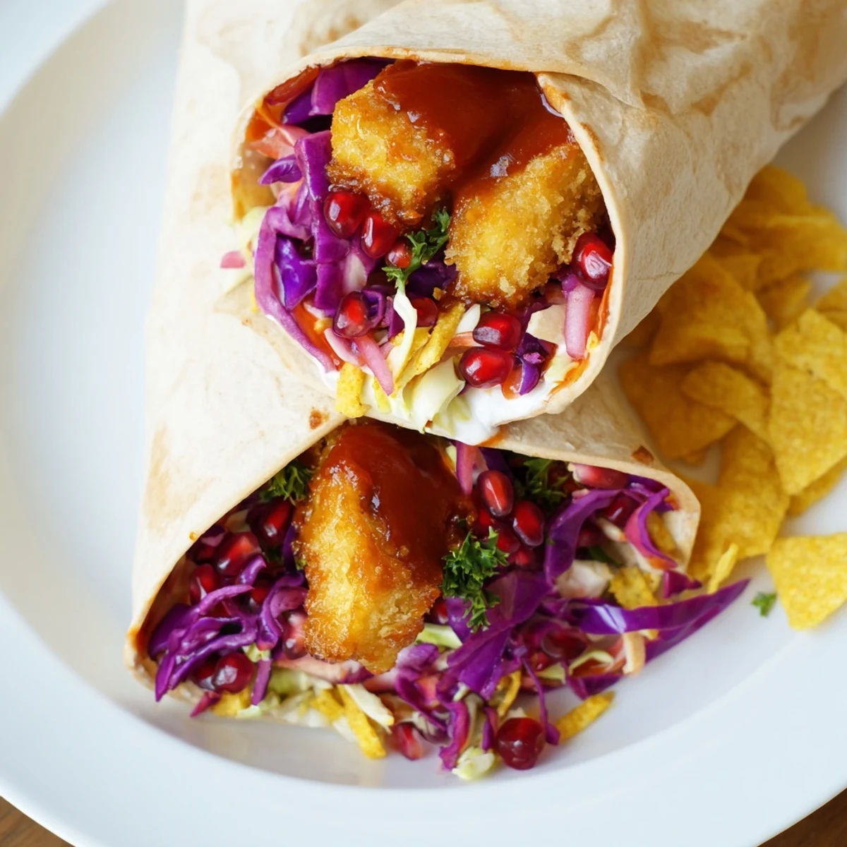 Savory Sweet Chili Tofu Crunch Wrap, beautifully toasted and ready to enjoy with a festive holiday slaw.