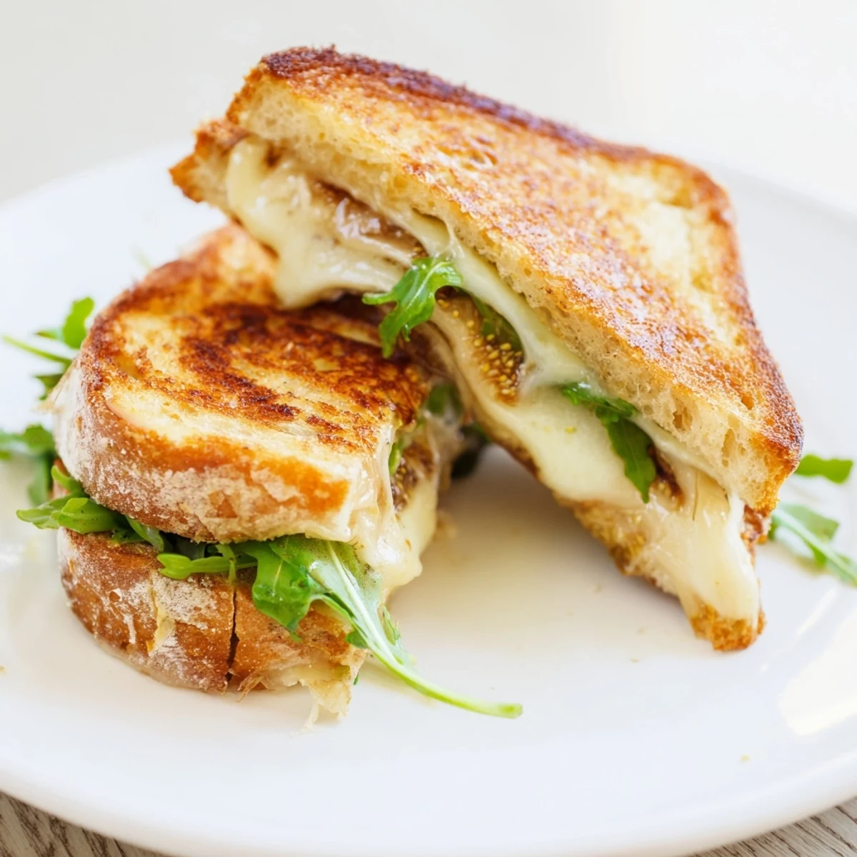 Crispy sourdough encasing melted Brie and sweet fig preserves in a Fancy Grilled Cheese sandwich.