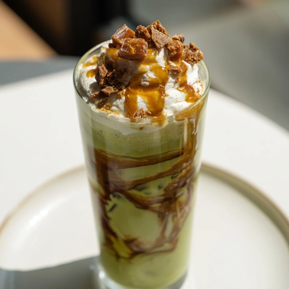 Rich layers of Caramel Brulée Iced Matcha Coffee Dupe, a vibrant Christmas beverage with whipped cream.