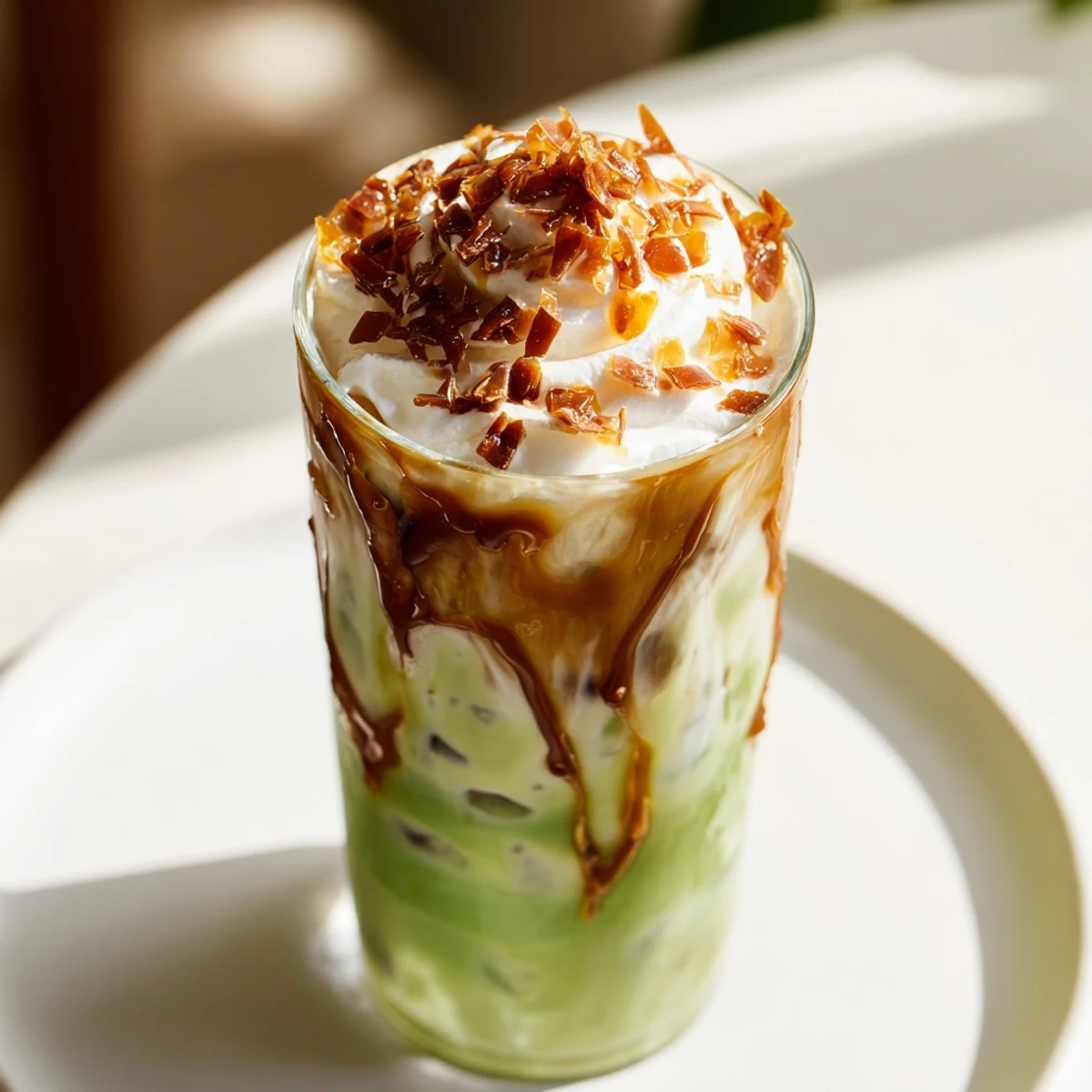 A close-up of a festive Caramel Brulée Iced Matcha Coffee Dupe, ready for a delicious winter moment.