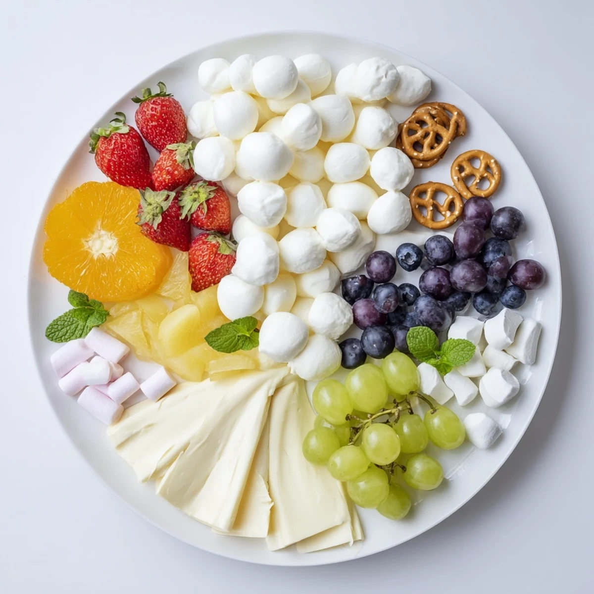 This delightful Cloud & Rainbow Grazing Board displays fresh, colorful ingredients arranged whimsically like clouds and a rainbow.
