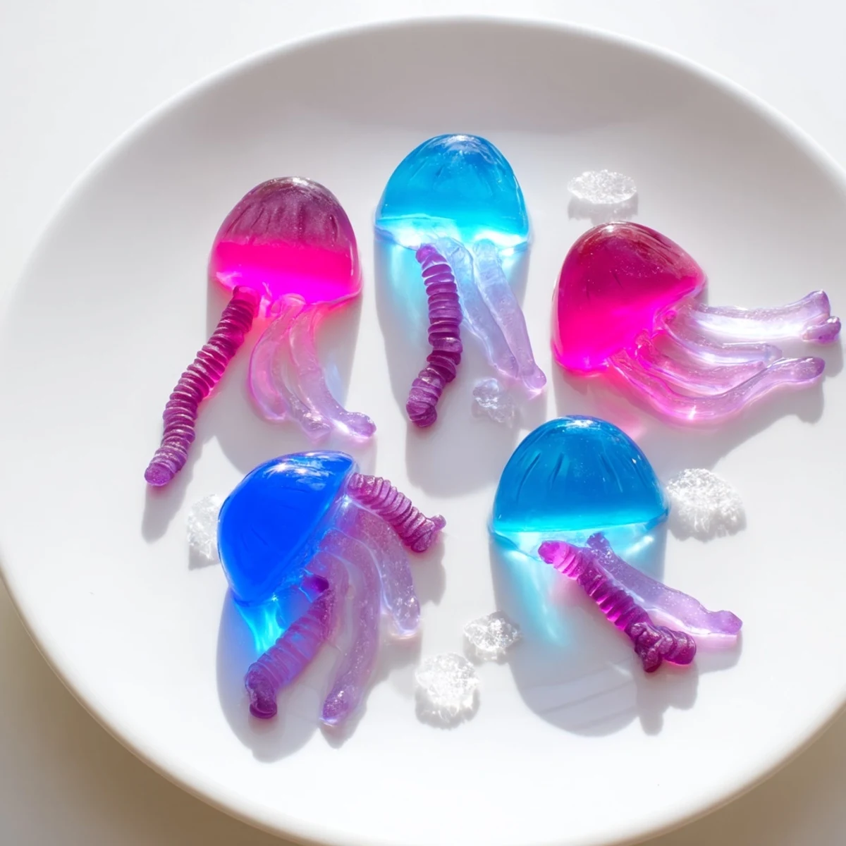 A close-up of a Jellyfish Candy Platter with gummy jellyfish and candy seaweed, ready to eat.