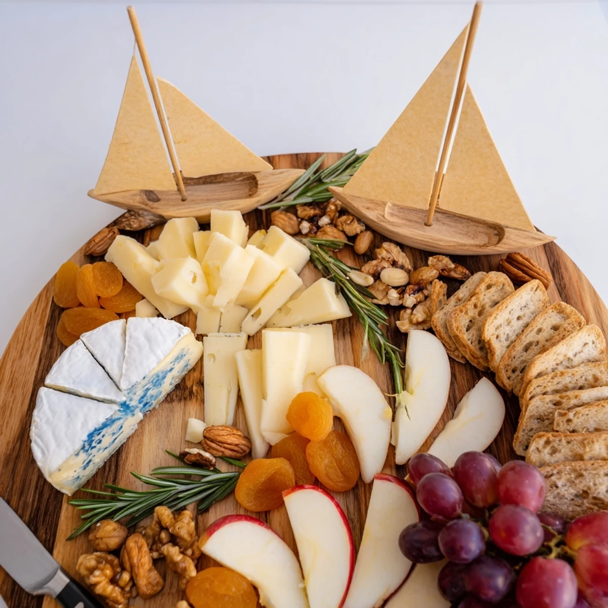 Festive Sailboat Cheese Platter, offering a delicious assortment of cheeses and nuts on a wooden board.