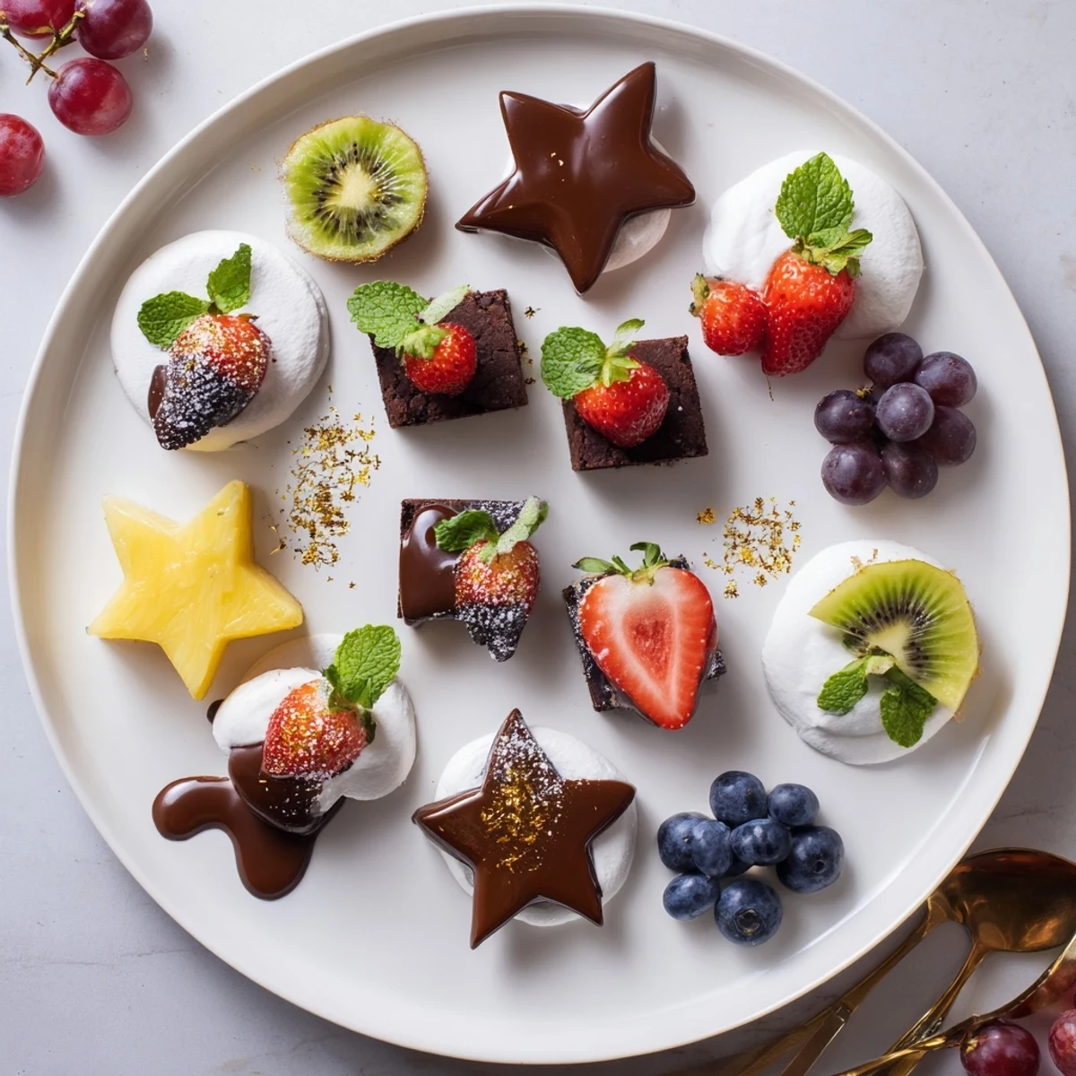 A vibrant Star-Studded Dessert Board overflowing with chocolate-covered strawberries, cookies and fresh fruit.