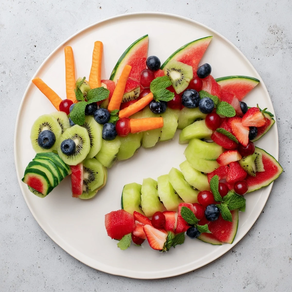 This fun and healthy dragon-shaped fruit tray, perfect for any party, features colorful fruits.