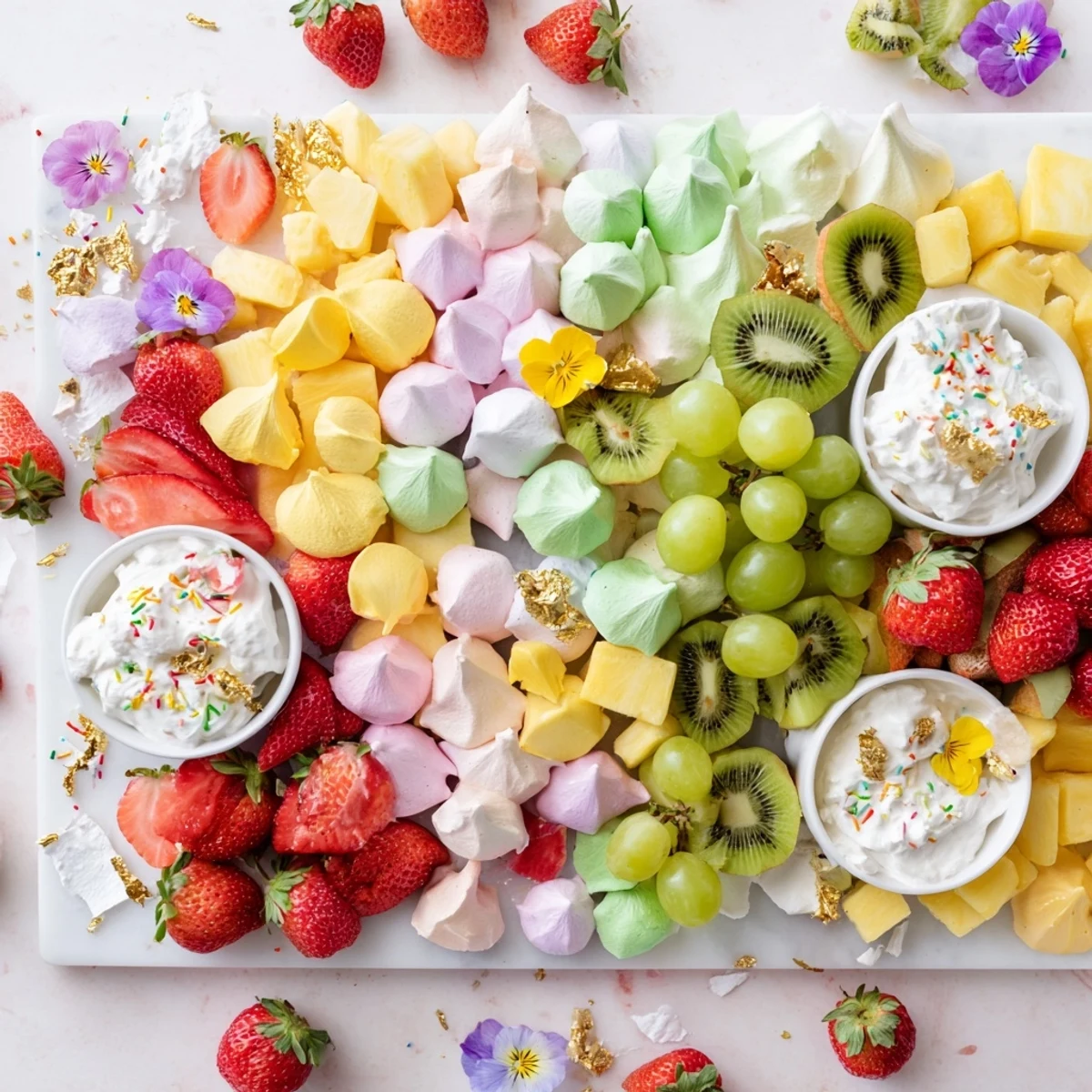 A beautifully arranged Magical Unicorn Rainbow Dessert Board overflowing with colorful fruit and sweet treats.