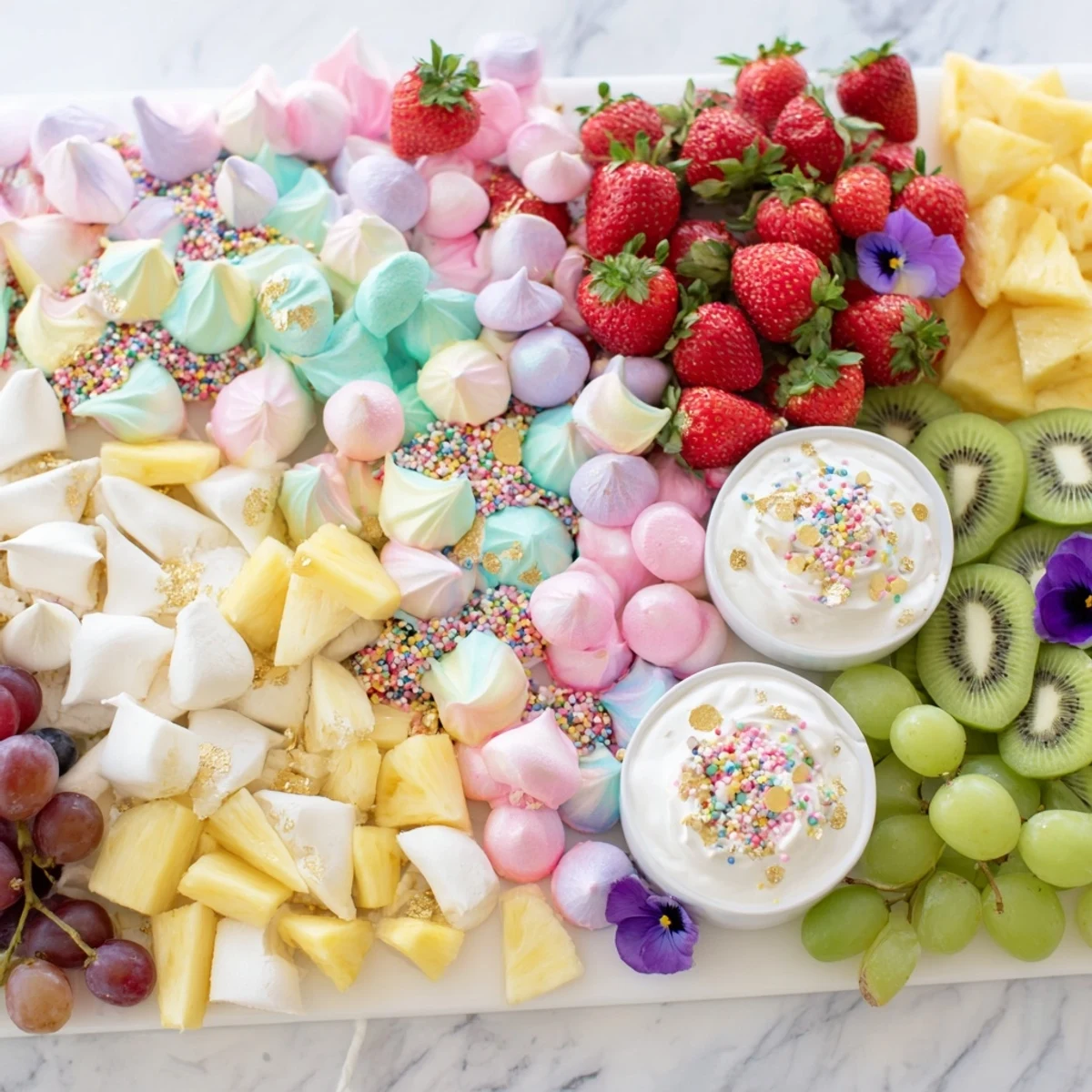 Imagine a festive Magical Unicorn Rainbow Dessert Board filled with colorful, delicious, and edible delights.