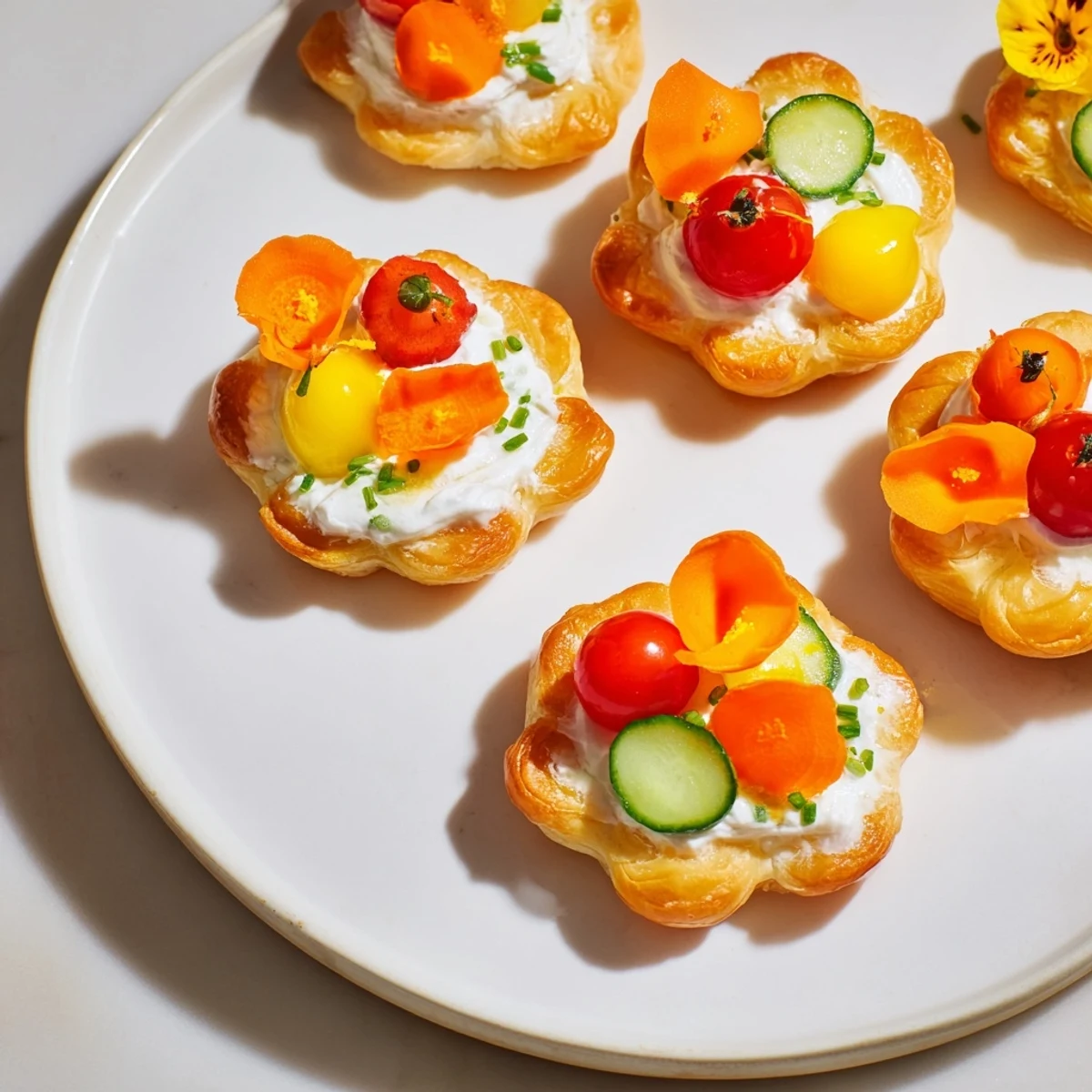 Vibrant Fairy Garden Flower Shaped Snacks with colorful veggie toppings and creamy cheese filling.